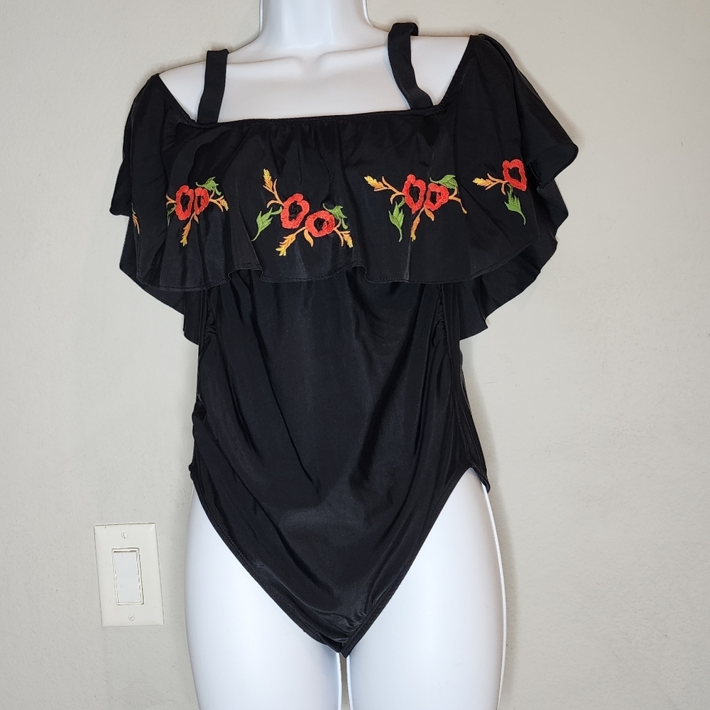 Asos off Shoulder cold shoulder black red embroidered one peice swimsuit sz 6